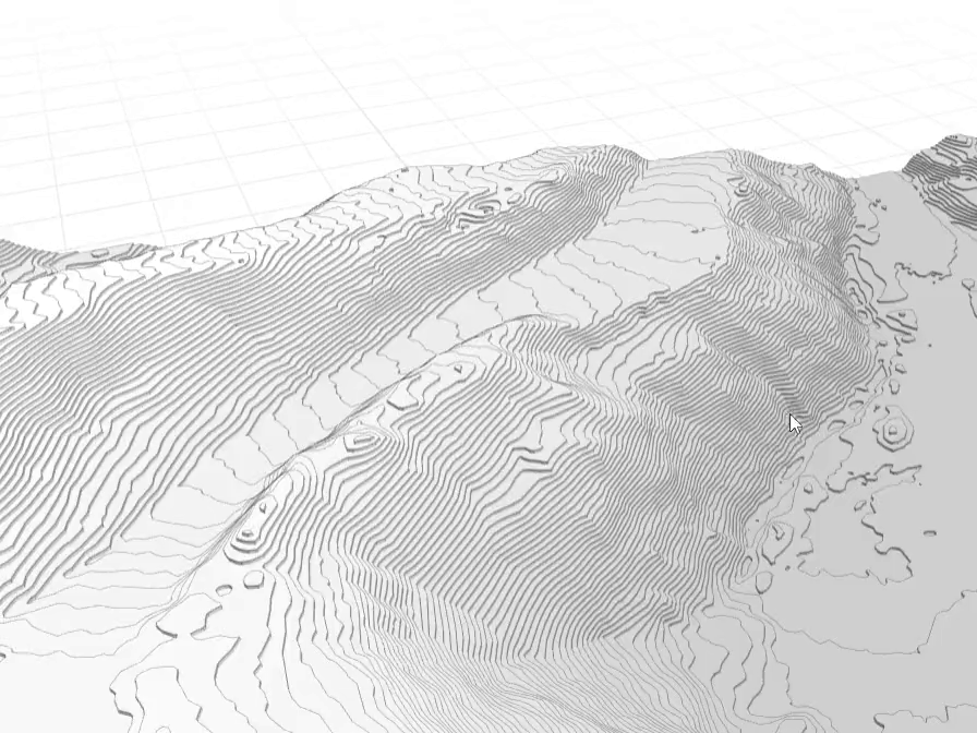 The DL Terrain Slicer 3D view: a slow flight through a terrain model built from stacked laser-cut contour rings