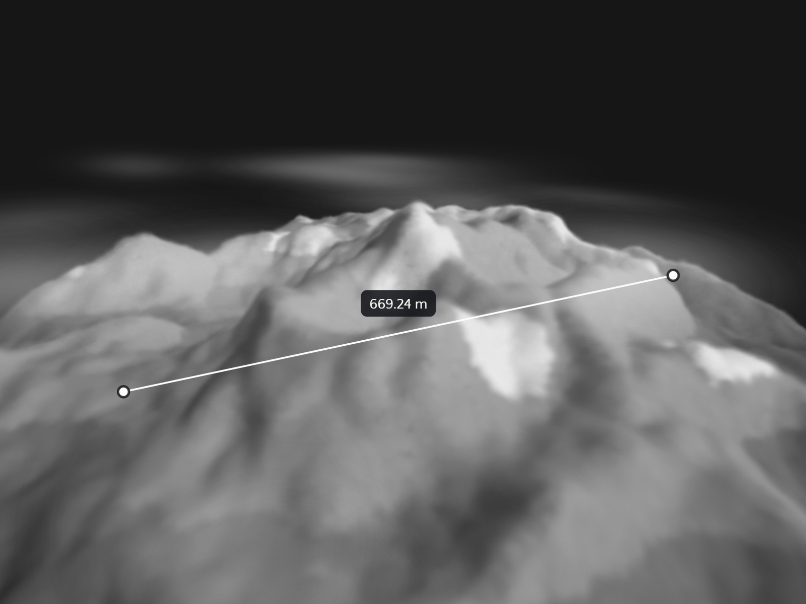 DL-SplatGenerator: a distance of 669 metres measured across the shoulder of a splat-scene fjell &mdash; the tool’s own synthetic demonstration terrain